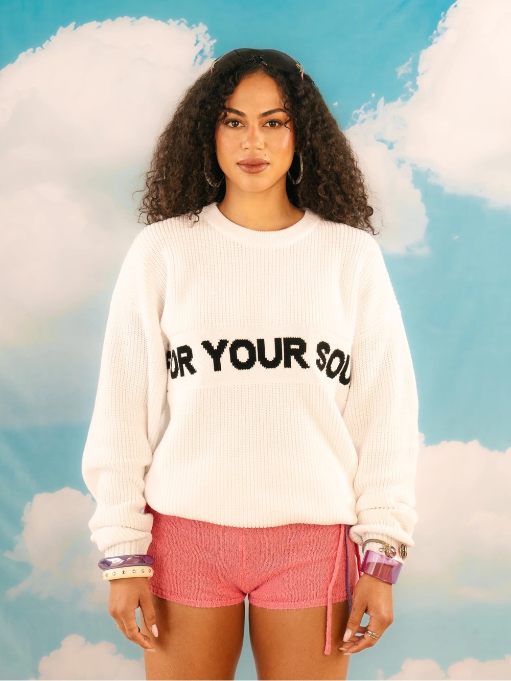 The Reset Knit - White Crewneck Sweater with Black 'FOR YOUR SOUL'